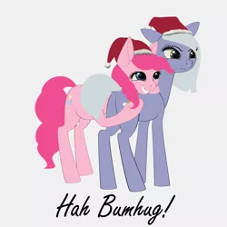 Size: 1275x1275 | Tagged: safe, artist:styroponyworks, banned from derpibooru, deleted from derpibooru, derpibooru import, limestone pie, pinkie pie, earth pony, pony, bah humbug, butt, butthug, christmas, cute, female, hat, holiday, hug, humbug, image, incomplete, jpeg, mare, pie sisters, pun, santa hat, siblings, simple background, sisters, smiling, spoonerism