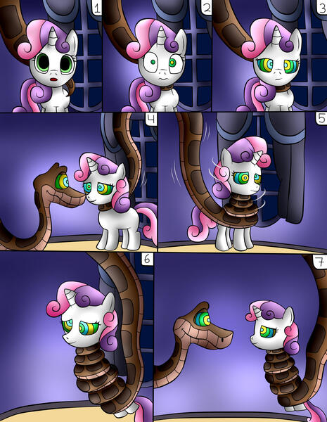 Size: 1836x2370 | Tagged: safe, artist:jerrydestrtoyer, derpibooru import, sweetie belle, pony, snake, unicorn, coils, comic, crossover, female, filly, hypnosis, hypnotized, image, jpeg, kaa eyes, male, suspended, the jungle book, wrapped up