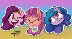 Size: 1828x992 | Tagged: safe, artist:supermoix, derpibooru import, izzy moonbow, pipp petals, sunny starscout, earth pony, pegasus, pony, unicorn, braid, eyes closed, female, g5, image, mare, oh you, one eye closed, open mouth, png, signature, wink
