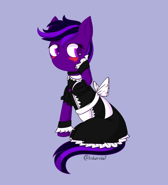 Size: 2000x2200 | Tagged: safe, artist:biskwit, derpibooru import, oc, oc:kioshka, earth pony, pony, blushing, clothes, image, jpeg, maid, simple background, sitting, solo