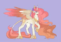 Size: 2246x1559 | Tagged: safe, artist:dazzledoves, derpibooru import, princess celestia, alicorn, pony, alternate color palette, alternate design, chest fluff, coat markings, colored wings, cutie mark, female, horn, image, jewelry, jpeg, leonine tail, multicolored wings, pale belly, raised hoof, regalia, simple background, solo, spread wings, tail fluff, twitterina design, unshorn fetlocks, wings