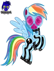 Size: 3840x5026 | Tagged: safe, artist:damlanil, derpibooru import, rainbow dash, pegasus, pony, boots, clothes, collar, commission, cutie mark collar, female, flying, gas mask, hazmat pony drone, heart, heart eyes, image, latex, looking at you, mare, mask, png, raised hoof, rubber, rubber drone, shiny, shiny mane, shoes, show accurate, simple background, solo, transformation, transparent background, vector, wingding eyes, wings