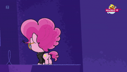 Size: 800x453 | Tagged: safe, derpibooru import, screencap, pinkie pie, earth pony, pony, keynote pie, my little pony: pony life, spoiler:pony life s01e16, animated, bipedal, butt, clothes, color loss, faint, female, gif, glasses, hair pulling, image, mare, minimini, panic attack, pinkie jobs, plot, solo, stressed, sweater