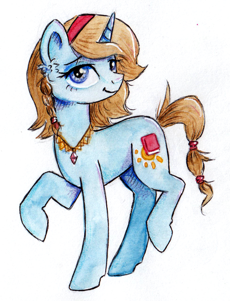 Size: 979x1281 | Tagged: safe, artist:lailyren, derpibooru import, oc, oc:midday shine, pony, unicorn, blue eyes, braid, ear fluff, female, gentle smile, gift art, headband, image, jewelry, lidded eyes, mare, necklace, png, ponysona, raised hoof, simple background, smiling, solo, stray strand, tail band, traditional art, watercolor painting, white background