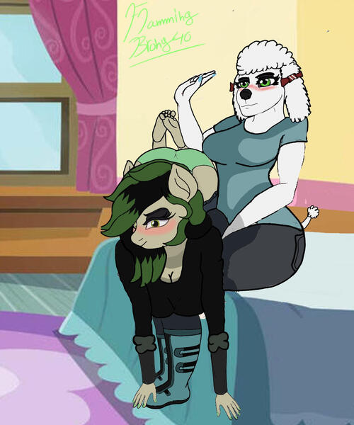 Size: 1280x1536 | Tagged: suggestive, artist:flammingbrony40, derpibooru import, oc, oc:angel, oc:kaitlyn, anthro, dog, pegasus, plantigrade anthro, poodle, ass, bedroom, breasts, butt, caring, clothes, crossover, crossover shipping, cute, feet, feet in air, female, furry, image, jpeg, love, over the knee, panties, pants pulled down, punishment, sexy, shipping, spanking, story included, underwear, wishbone heroes