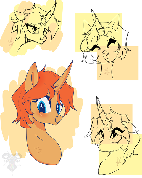 Size: 768x960 | Tagged: safe, artist:fernandojc-draftsman, derpibooru import, oc, oc:creativity style, unofficial characters only, pony, unicorn, blushing, bust, eyes closed, female, frown, horn, image, lineart, mare, png, rule 63, smiling, unicorn oc