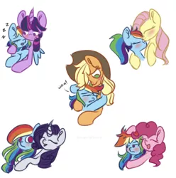 Size: 827x832 | Tagged: safe, artist:vibrantwishes, derpibooru import, applejack, fluttershy, pinkie pie, rainbow dash, rarity, twilight sparkle, earth pony, pegasus, pony, unicorn, appledash, blushing, female, flutterdash, hug, hug from behind, image, jpeg, kissing, lesbian, mane six, no pupils, onomatopoeia, pinkiedash, rainbow dash gets all the mares, raridash, shipping, simple background, sound effects, twidash, white background, zzz