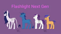 Size: 1280x720 | Tagged: safe, artist:stargazerseven, derpibooru import, oc, unofficial characters only, alicorn, earth pony, pegasus, pony, unicorn, alicorn oc, earth pony oc, female, horn, image, jpeg, leonine tail, male, mare, offspring, parent:flash sentry, parent:twilight sparkle, parents:flashlight, pegasus oc, purple background, simple background, stallion, unicorn oc, wings