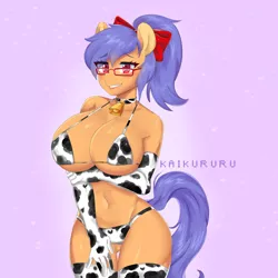 Size: 3000x3000 | Tagged: suggestive, artist:kaikururu, derpibooru import, oc, oc:blueberry crisp, anthro, earth pony, pony, anthro oc, big breasts, bikini, bow, breasts, clothes, cowkini, cowprint, earth pony oc, explicit source, female, glasses, hair bow, image, mare, png, solo, solo female, string bikini, swimsuit