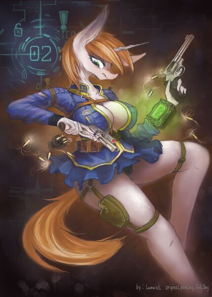 Size: 1293x1808 | Tagged: questionable, artist:girlsay, derpibooru import, oc, oc:littlepip, unofficial characters only, anthro, unicorn, fallout equestria, absolute cleavage, bottomless, breasts, bullet, busty littlepip, cameltoe, cleavage, clothes, digital art, female, gun, handgun, holster, horn, image, jpeg, little macintosh, panties, partial nudity, pipbuck, ranged weapon, revolver, short skirt, skirt, solo, solo female, speedloader, tail, underwear, vault suit, weapon