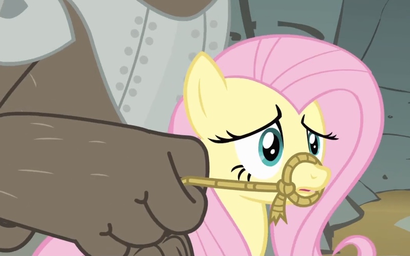 Size: 1234x773 | Tagged: safe, derpibooru import, screencap, fluttershy, diamond dog, pegasus, pony, a dog and pony show, abuse, bridle, diamond dog guard, dogs riding ponies, female, flutterbuse, image, jpeg, male, mare, rope, tack