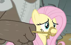 Size: 1234x773 | Tagged: safe, derpibooru import, screencap, fluttershy, diamond dog, pegasus, pony, a dog and pony show, abuse, bridle, diamond dog guard, dogs riding ponies, female, flutterbuse, image, jpeg, male, mare, rope, tack