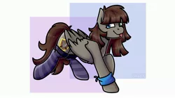 Size: 3840x2160 | Tagged: safe, artist:jellysiek, derpibooru import, oc, oc:inlaru, unofficial characters only, pegasus, pony, bandana, clothes, fullbody, happy, image, jpeg, pegasus oc, prize, raffle prize, simple background, socks, solo, striped socks, tongue out, white background, wings