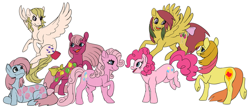 Size: 2500x1080 | Tagged: safe, artist:cyclone62, derpibooru import, floater, mommy sweet celebrations, pinkie pie, pinkie pie (g3), surprise, up up and away, earth pony, pegasus, pony, g1, g2, g3, bow, festivities, g1 to g4, g2 to g4, g3 to g4, generation leap, image, png, simple background, tail bow, white background