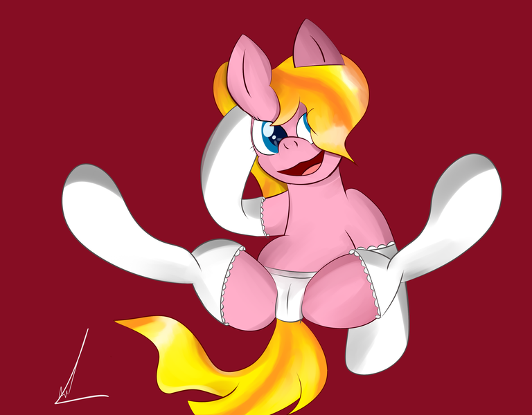 Size: 3100x2422 | Tagged: questionable, artist:almaustral, derpibooru import, oc, oc:sherbet, unofficial characters only, earth pony, pony, cameltoe, clothes, earth pony oc, female, image, mare, panties, png, red background, signature, simple background, smiling, solo, spread legs, spreading, underwear
