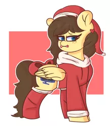 Size: 2920x3363 | Tagged: safe, artist:retro_hearts, derpibooru import, oc, oc:retro hearts, pegasus, pony, bow, candy, candy cane, christmas, clothes, cutie mark, female, food, freckles, hat, holiday, hoodie, image, png, santa hat, simple background, socks, wings