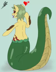 Size: 3186x4078 | Tagged: suggestive, artist:shappy the lamia, derpibooru import, oc, oc:shappy, hybrid, lamia, original species, pony, back, backwards, blushing, bright, butt, chubby, curves, delicious, drool, fangs, floating heart, forked tongue, green tail, heart, hips, hungry, image, in love, large butt, long tail, looking at you, looking back, looking back at you, lubrication, open mouth, png, red eyes, sensual, sexy, sexy back, short hair, short mane, slit eyes, snake eyes, snake tail, solo, spittle, suggestive description, sultry pose, tongue out, yellow