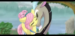 Size: 2523x1216 | Tagged: safe, artist:eveeka, derpibooru import, discord, fluttershy, draconequus, pegasus, pony, clothes, cute, discoshy, dress, eyes closed, female, image, kissing, lake, love, male, marriage, neck kiss, png, shipping, straight, wedding, wedding dress