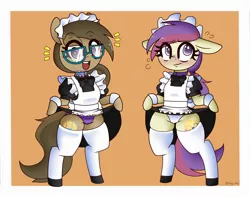 Size: 2500x1970 | Tagged: suggestive, artist:fullmetalpikmin, derpibooru import, oc, oc:dawnsong, oc:evensong, unofficial characters only, earth pony, pegasus, bipedal, blushing, clothes, collar, commission, duo, embarrassed, embarrassed underwear exposure, female, females only, glasses, image, jpeg, maid, maid headdress, panties, purple underwear, skirt, skirt lift, socks, striped underwear, thigh highs, underwear, upskirt, white underwear