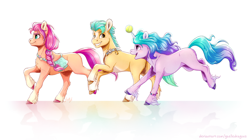 Size: 5000x2813 | Tagged: safe, artist:gaelledragons, derpibooru import, hitch trailblazer, izzy moonbow, sunny starscout, earth pony, pony, unicorn, absurd resolution, g5, group, horn, horn guard, horn impalement, hornball, image, izzy's tennis ball, png, tennis ball, trio