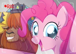 Size: 1024x737 | Tagged: safe, artist:nnaly, derpibooru import, pinkie pie, prince rutherford, earth pony, pony, yak, camera shot, duo, female, grin, image, jpeg, male, mare, recording, selfie, smiling