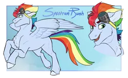 Size: 4688x2845 | Tagged: safe, artist:jeshh, derpibooru import, oc, oc:spectrum rush, pegasus, pony, goggles, image, male, offspring, parent:rainbow dash, parent:soarin', parents:soarindash, png, solo, stallion