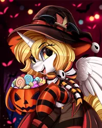 Size: 2550x3209 | Tagged: safe, artist:pridark, derpibooru import, part of a set, oc, oc:kirarane, unofficial characters only, alicorn, pony, alicorn oc, candy, clothes, commission, female, food, halloween, hat, high res, holiday, horn, image, jack-o-lantern, mare, open mouth, png, pumpkin, socks, solo, striped socks, wings, witch hat, ych result