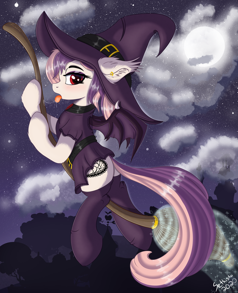 Size: 3251x4003 | Tagged: suggestive, artist:sethisto, derpibooru import, oc, oc:sweet velvet, unofficial characters only, bat pony, broom, clothes, drool, drool string, flying, flying broomstick, hat, image, moon, night, png, socks, witch hat