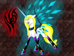 Size: 2000x1536 | Tagged: safe, artist:crystalcontemplator, derpibooru import, oc, unofficial characters only, pony, unicorn, artificial wings, augmented, choker, horn, image, jpeg, mechanical wing, sharp teeth, solo, teeth, unicorn oc, wings