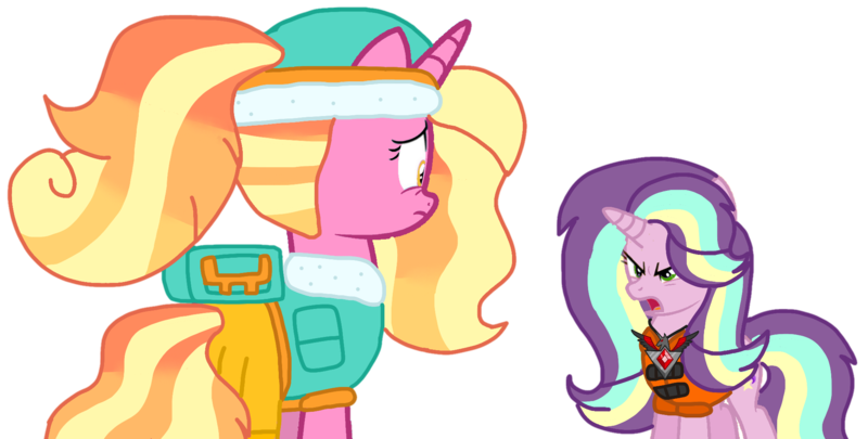 Size: 2034x1029 | Tagged: safe, artist:徐詩珮, derpibooru import, luster dawn, oc, oc:sunbeam glimmer, bubbleverse, everest (paw patrol), image, magical lesbian spawn, next generation, offspring, parents:sunglimmer, parent:starlight glimmer, parent:sungold, paw patrol, png, simple background, transparent background