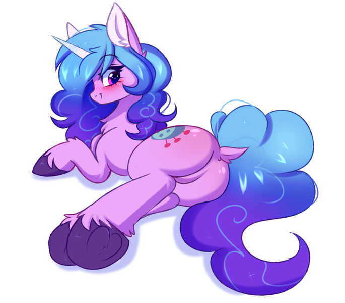 Size: 2672x2340 | Tagged: safe, artist:pesty_skillengton, derpibooru import, izzy moonbow, pony, unicorn, blushing, butt, chest fluff, cute, dock, ear fluff, featureless crotch, female, frog (hoof), g5, high res, horn, image, izzy moonbutt, izzybetes, looking at you, looking back, looking back at you, mare, plot, png, simple background, smiling, solo, underhoof, unshorn fetlocks, white background