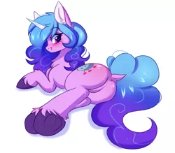 Size: 2672x2340 | Tagged: safe, artist:pesty_skillengton, derpibooru import, izzy moonbow, pony, unicorn, blushing, butt, chest fluff, cute, dock, ear fluff, featureless crotch, female, frog (hoof), g5, high res, horn, image, izzy moonbutt, izzybetes, looking at you, looking back, looking back at you, mare, plot, png, simple background, smiling, solo, underhoof, unshorn fetlocks, white background