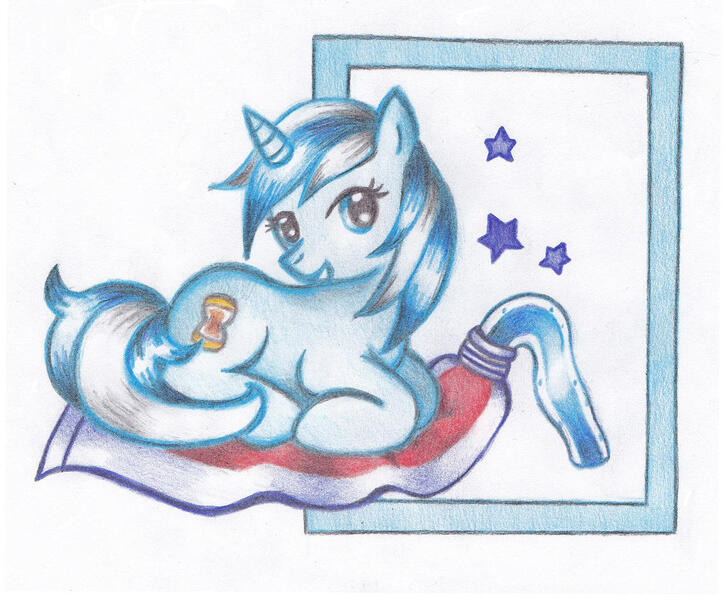 Size: 1138x940 | Tagged: safe, artist:miyukikyki, derpibooru import, minuette, pony, unicorn, colored pencil drawing, image, jpeg, simple background, solo, toothpaste, traditional art, white background