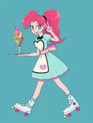 Size: 1620x2160 | Tagged: safe, artist:haibaratomoe, derpibooru import, pinkie pie, equestria girls, cute, diapinkes, female, food, ice cream, image, jpeg, peace sign, roller skates, server pinkie pie, solo, waitress