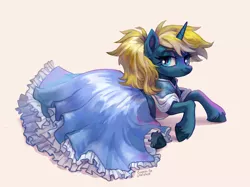 Size: 2912x2175 | Tagged: safe, artist:lunnita_pony, derpibooru import, oc, oc:maple parapet, unofficial characters only, pony, unicorn, clothes, cute, dress, female, hoof fluff, image, jpeg, lidded eyes, looking at you, lying down, mare, ocbetes, prone, simple background, smiling, solo, unshorn fetlocks, white background