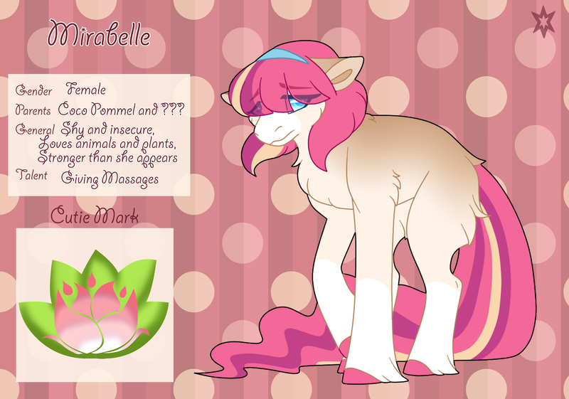 Size: 3500x2454 | Tagged: safe, artist:nobleclay, derpibooru import, oc, oc:mirabelle, earth pony, pony, abstract background, female, image, mare, offspring, parent:coco pommel, png, reference sheet, solo