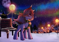 Size: 4096x2926 | Tagged: safe, artist:pesty_skillengton, derpibooru import, deer, aurora borealis, bench, clothes, happy, image, jpeg, moon, night, scarf, smiling, snow, snowfall, solo, streetlight, tree, winter