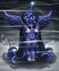 Size: 2111x2551 | Tagged: suggestive, alternate version, artist:awalex, derpibooru import, part of a set, princess luna, spirit of hearth's warming yet to come, alicorn, pony, censored, female, image, mare, night, partial nudity, png, snow, snowfall, solo, strategically covered, tree, winter