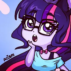 Size: 640x640 | Tagged: safe, artist:ameliacostanza, derpibooru import, sci-twi, twilight sparkle, equestria girls, blue background, bowtie, bra, bra strap, clothes, cute, female, glasses, image, jpeg, open mouth, simple background, solo, twiabetes, underwear