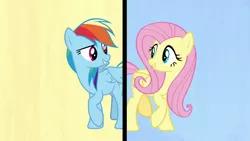 Size: 1280x720 | Tagged: safe, derpibooru import, screencap, fluttershy, rainbow dash, pegasus, pony, fame and misfortune, duo, female, flawless, image, looking at each other, mare, png, raised hoof, smiling, split screen, wings