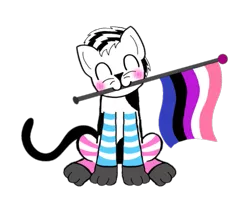 Size: 915x777 | Tagged: safe, artist:official_dj_scr4tchk4t, derpibooru import, oc, oc:scr4tchk4t, cat, cat pony, original species, derpibooru community collaboration, 2021 community collab, blushing, clothes, flag, genderfluid, genderfluid pride flag, holding a flag, image, mouth hold, paws, png, pride, pride flag, simple background, sitting, socks, striped socks, transparent background