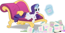 Size: 7938x4000 | Tagged: safe, artist:frownfactory, derpibooru import, rarity, pony, unicorn, inspiration manifestation, couch, crying, fainting couch, female, food, horn, ice cream, image, magic, makeup, mare, marshmelodrama, mascarity, messy mane, png, rarity being rarity, running makeup, simple background, solo, transparent background, vector