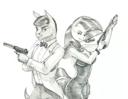 Size: 1400x1078 | Tagged: safe, artist:baron engel, derpibooru import, rarity, anthro, earth pony, pony, unicorn, clothes, dress, female, grayscale, gun, image, james bond, jpeg, male, mare, monochrome, pencil drawing, sean connery, simple background, stallion, traditional art, trigger discipline, walther p5, walther ppk, weapon, white background