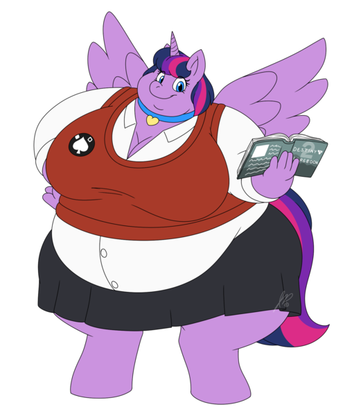 Size: 1617x1900 | Tagged: suggestive, artist:jouigidragon, derpibooru import, twilight sparkle, twilight sparkle (alicorn), oc, oc:twibow rose, alicorn, anthro, bbw, big breasts, book, breasts, clothes, collar, double chin, fat, huge breasts, image, obese, png, skirt, twilard sparkle