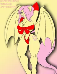 Size: 1280x1657 | Tagged: suggestive, artist:gh0stzr01, derpibooru import, fluttershy, anthro, bat pony, unguligrade anthro, armpits, bat ponified, bat wings, belly button, big breasts, breasts, busty fluttershy, clothes, cutie mark, digital art, erect nipples, female, flutterbat, gloves, image, jpeg, long gloves, looking at you, nipple outline, one eye closed, pose, race swap, ribbon bikini, simple background, solo, solo female, tail, thighs, wide hips, wings