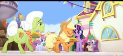 Size: 1813x826 | Tagged: safe, derpibooru import, screencap, applejack, granny smith, spike, twilight sparkle, twilight sparkle (alicorn), alicorn, earth pony, pony, unicorn, my little pony: the movie, glitter glow, granny smith's shawl, happy, image, jpeg, singing, we got this together