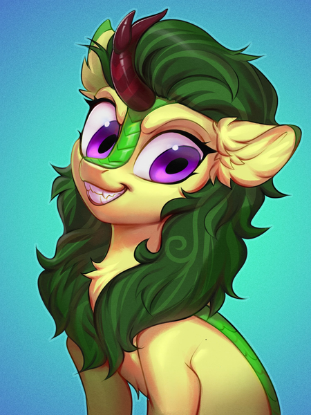 Size: 1500x2000 | Tagged: safe, artist:vensual99, derpibooru import, edit, editor:zippysqrl, kirin oc, oc, oc:aspen quake, unofficial characters only, kirin, ear fluff, evil grin, female, furrowed brow, gradient background, grin, image, png, smiling, solo, toothy grin