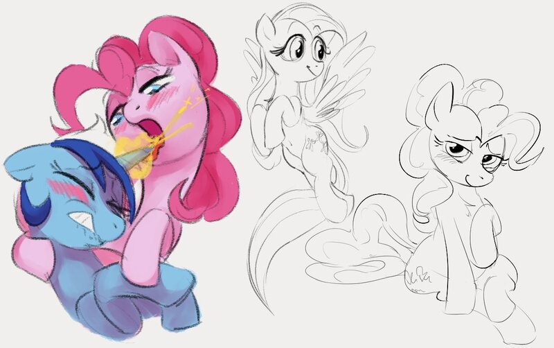 Size: 1234x775 | Tagged: questionable, artist:dotkwa, derpibooru import, fluttershy, minuette, pinkie pie, earth pony, pegasus, pony, unicorn, chest fluff, flying, horn, horn licking, horngasm, hornjob, image, jpeg, licking, orgasm, tongue out, wings