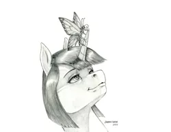 Size: 1400x1088 | Tagged: safe, artist:baron engel, derpibooru import, oc, oc:marble vein, butterfly, insect, pony, unicorn, butterfly on horn, female, image, jpeg, mare, monochrome, pencil drawing, story included, traditional art