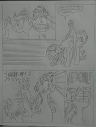 Size: 1944x2592 | Tagged: safe, artist:princebluemoon3, author:bigonionbean, derpibooru import, oc, oc:rainbow candy, oc:tommy the human, earth pony, human, pegasus, pony, comic:sisterly silliness, adorable face, black and white, blushing, blushing profusely, butt, canterlot, canterlot castle, castle, child, clothes, comic, commissioner:bigonionbean, cute, cutie mark, descriptive noise, dialogue, embarrassed, extra thicc, female, flank, fusion, fusion:rainbow candy, grayscale, hallway, horse noises, human oc, image, jpeg, kicking, kissing, magic, male, mare, monochrome, mounting, neigh, plot, riding, riding a pony, steam, traditional art, wings